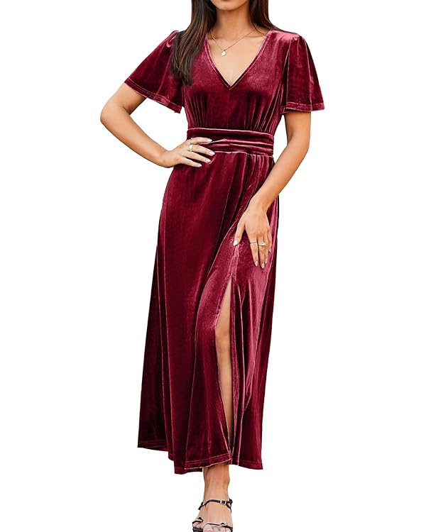 Simplee Women's Velvet Maxi Dress V Neck Short Sleeve Empire Waist Semi Formal Long Cocktail Dres... | Amazon (US)