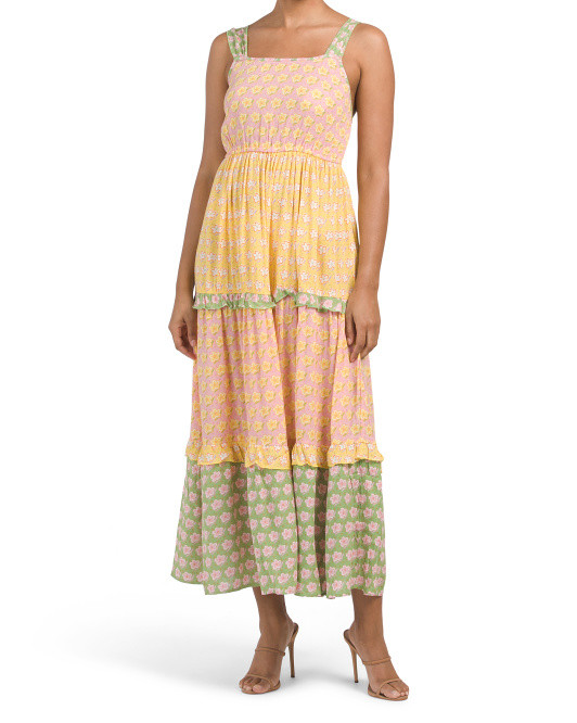 Tiered Smocked Floral Multicolor Block Maxi Dress | TJ Maxx
