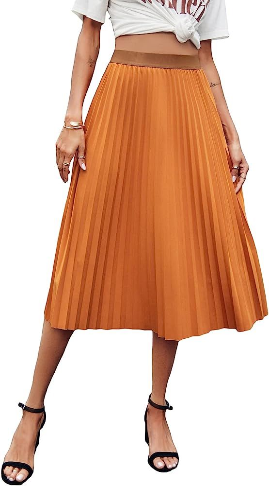 Floerns Women's Floral Printed Elastic Waist A Line Pleated Ruffle Midi Skirt | Amazon (US)