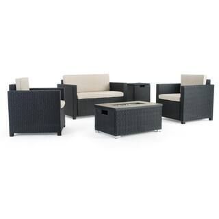 Sego Lily Boulder Black 4-Piece Wicker Patio Fire Pit Conversation Set with Beige Cushions-SL-SS4... | The Home Depot