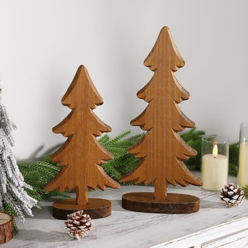 Christmas Decorations-2pcs Natural Wood Christmas Trees Tabletop Sign-Vintage Indoor Centerpieces for Table Mantle Xmas Party Decor(Wood) | Amazon (US)