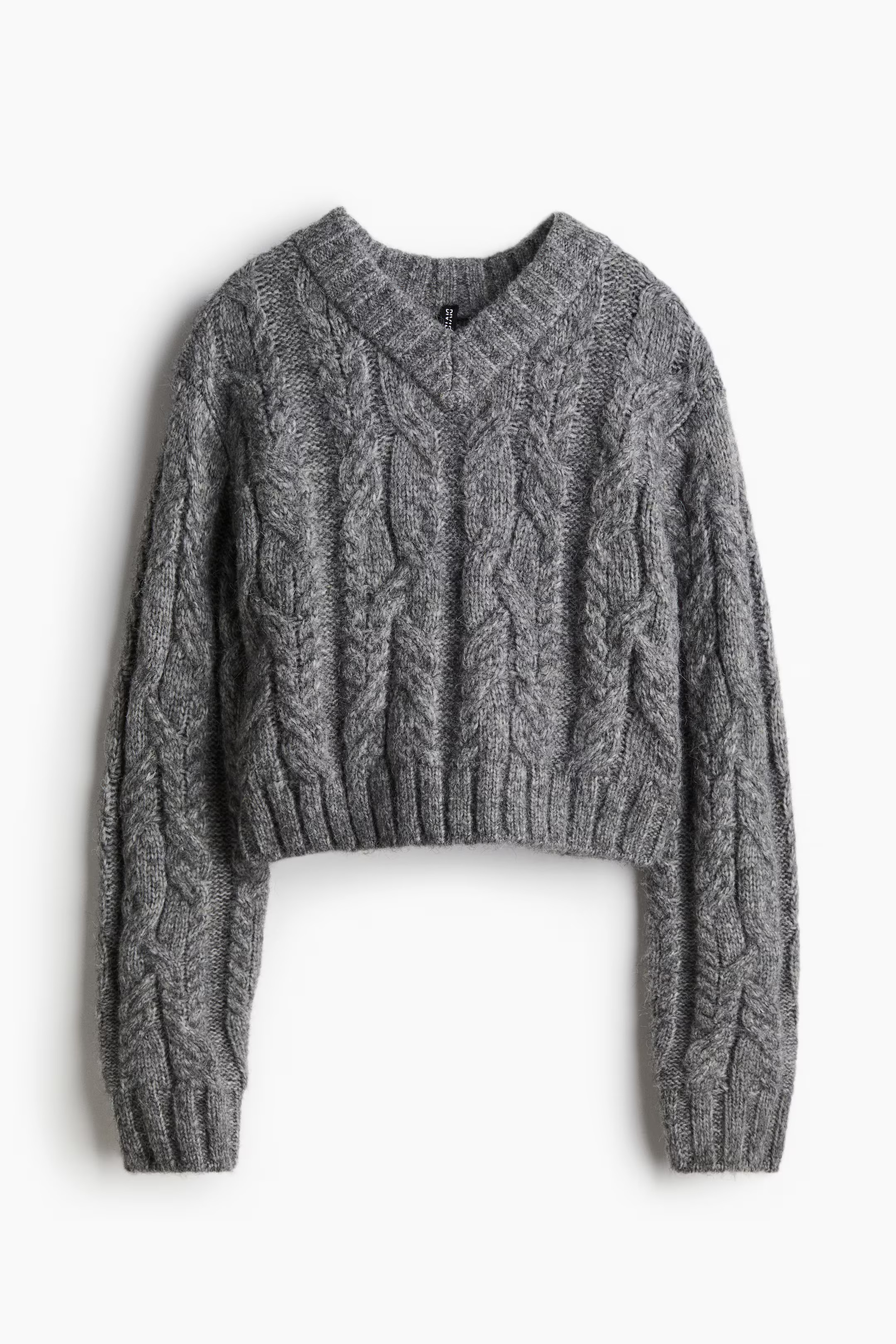 V-Neck Cable-Knit Sweater - V-neck - Long sleeve - Gray melange - Ladies | H&M US | H&M (US + CA)