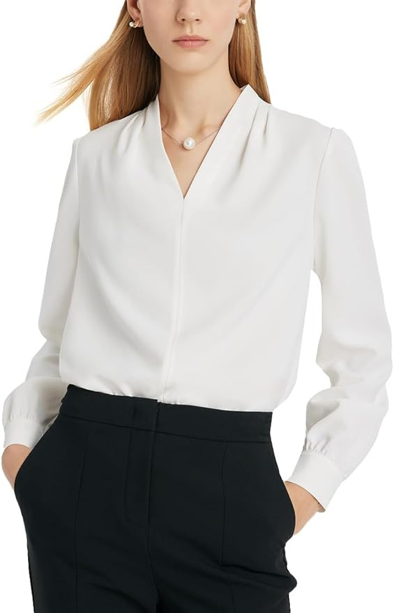 GOELIA V-Neck Pleated Long Sleeve Shirts for Women White Blouses for Women Dressy Casual Office W... | Amazon (US)