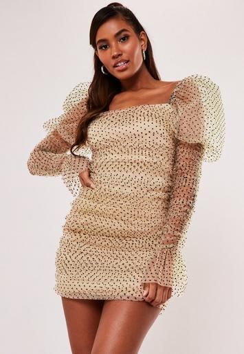 Missguided - Cream Polka Dot Organza Puff Long Sleeve Mini Dress | Missguided (US & CA)