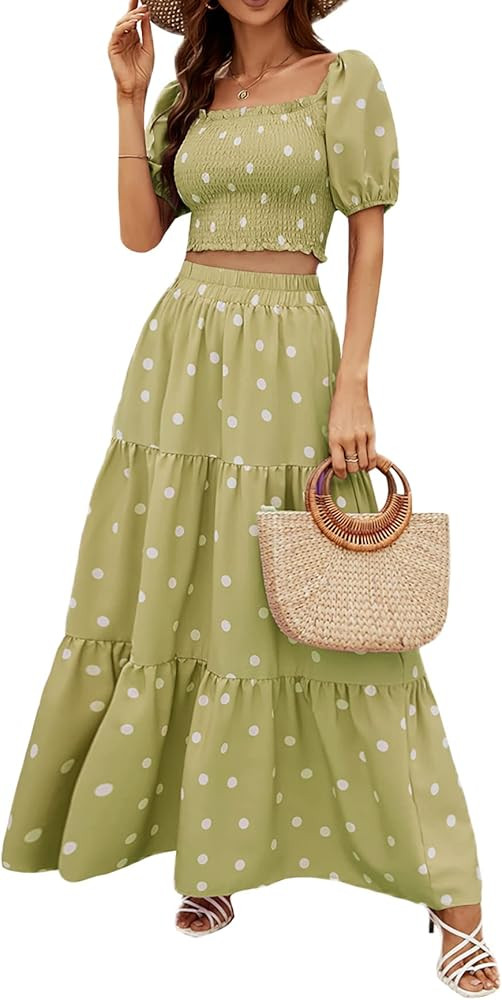 Rooscier Women's 2 Piece Outfit Polka Dots Shirred Crop Top Beach Maxi Skirt Set | Amazon (US)