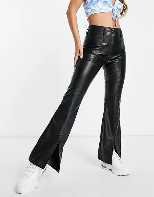 Topshop faux leather flared pants with front slit hem in black | ASOS (Global)