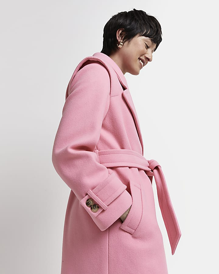 Petite pink belted trench coat | River Island (US)