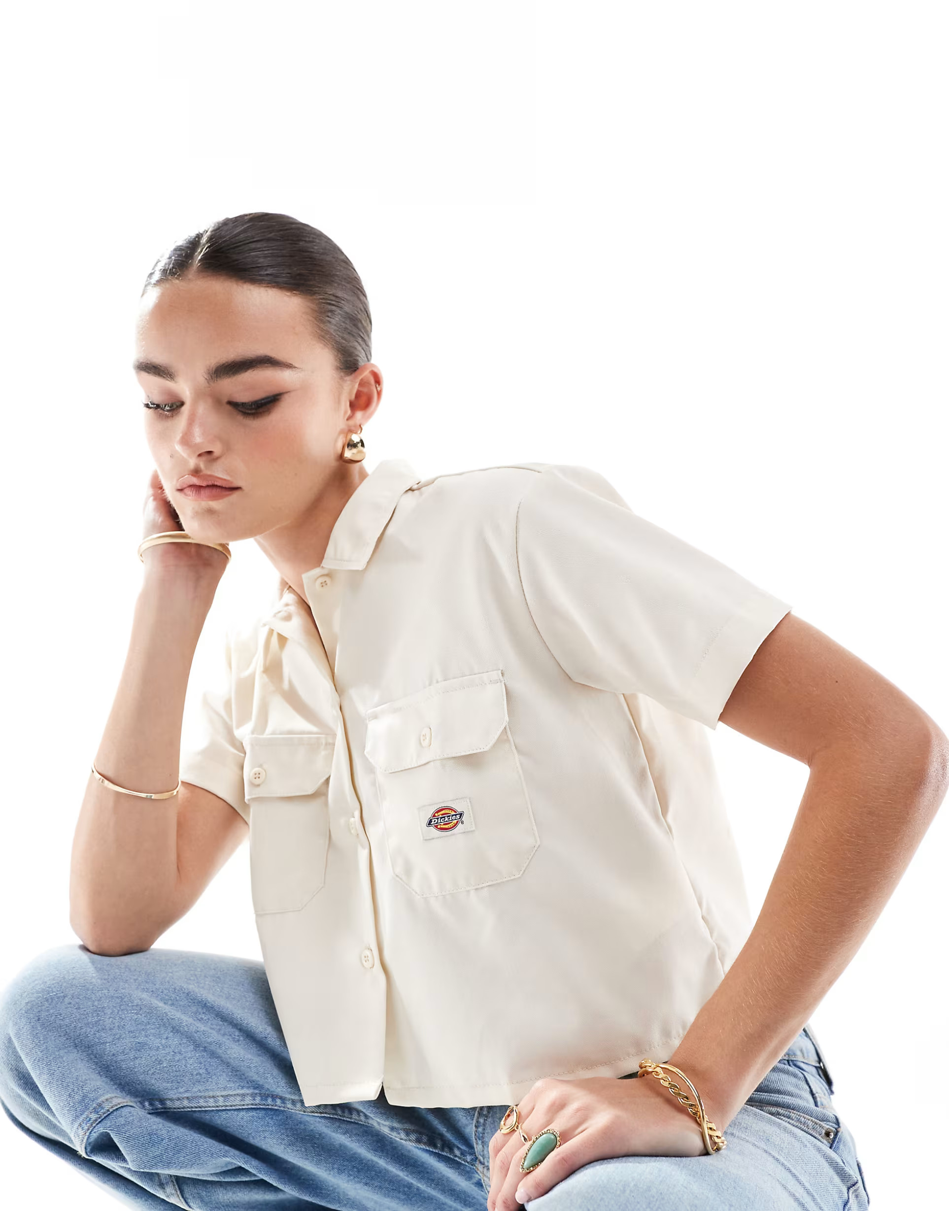 Dickies short sleeve cropped shirt with pocket detail in white | ASOS (Global)