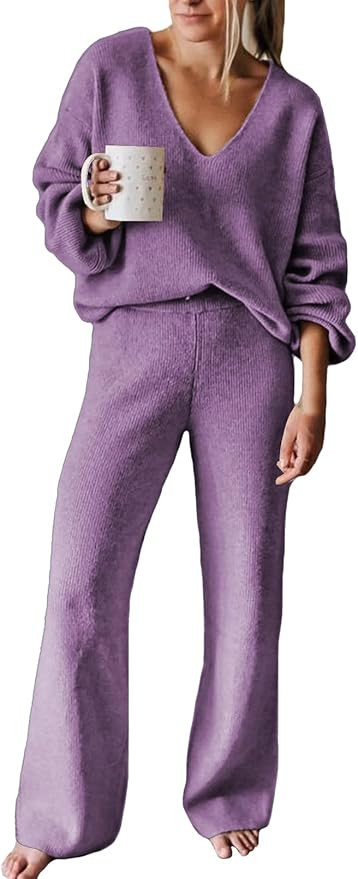 AOHITE Womens 2 Piece Outfits Casual V-neck Knit Pullover Sweater Wide Leg Pants Sleepwear Lounge... | Amazon (US)