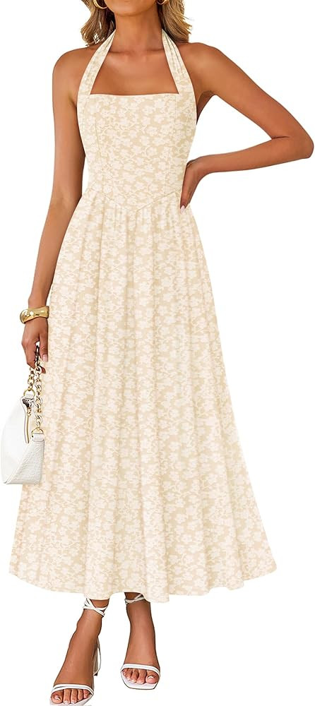 ZESICA Women's Summer Sleeveless Floral Maxi Dresses 2026 Halter Neck Flowy A Line Beach Wedding ... | Amazon (US)