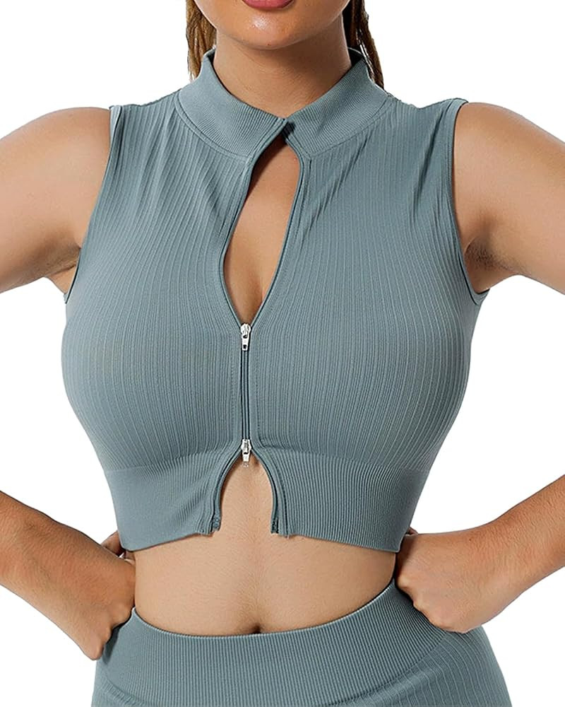 Women’s Zip Up Workout Yoga Tank Top Sleeveless Slim Fit Athletic Jacket | Amazon (US)