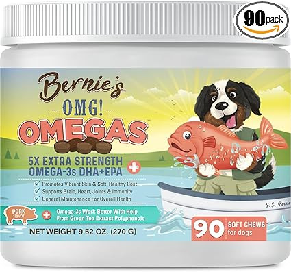 Bernie's OMG! Omegas Chews for Dogs - 5X Extra Strength DHA+EPA, Fish Oil, Healthy Skin & Coat, A... | Amazon (US)
