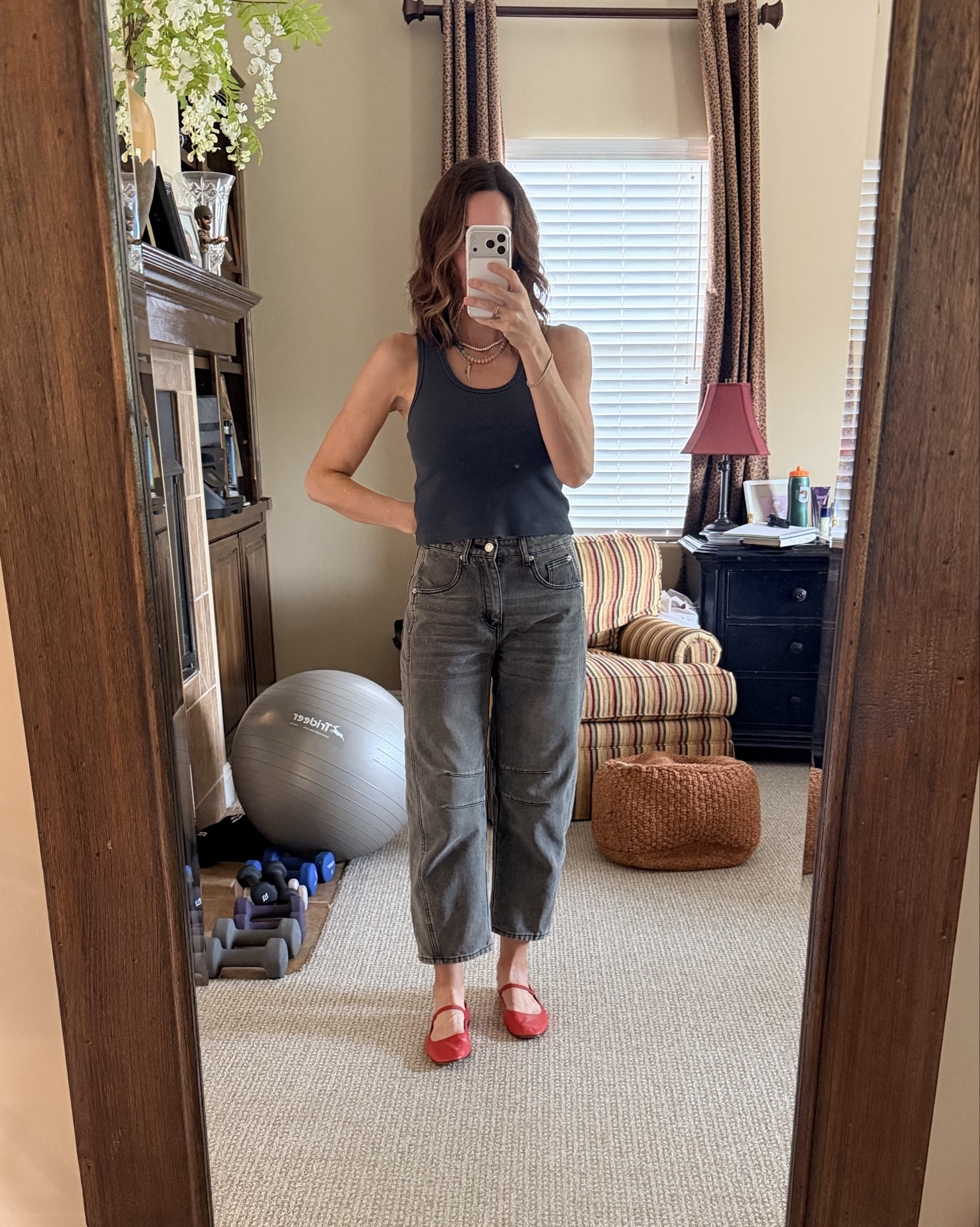 Barrel leg jeans you’ll actually like and they’re affordable!!!!  I sized down as reviews suggested and I’m wearing an extra small. 
Tank is SO good.  I own multiple colors.  Wearing a medium.  

#LTKOver40 #LTKActive #LTKootd