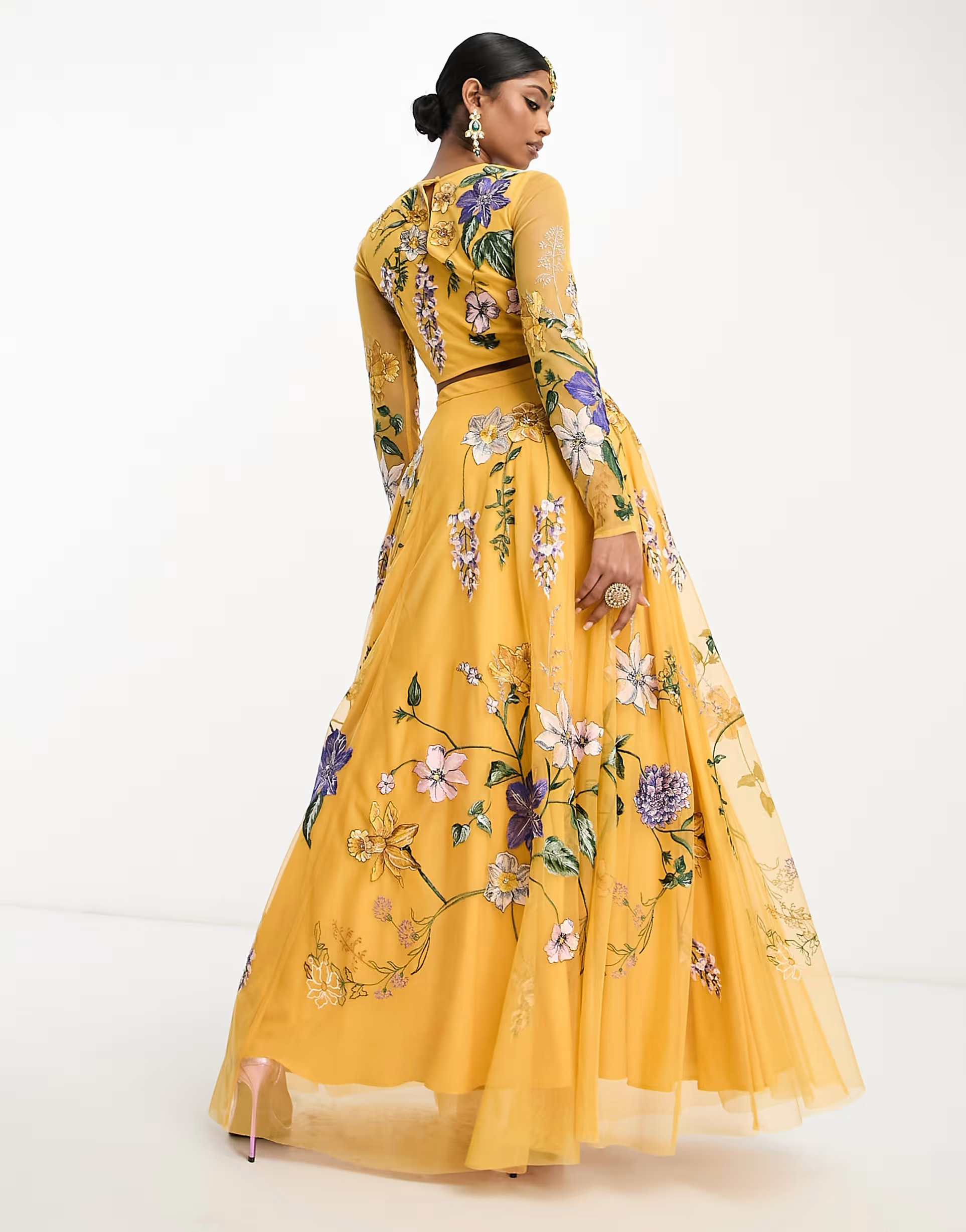 ASOS DESIGN maxi lehenga skirt in wisteria embroidery in mustard | ASOS (Global)