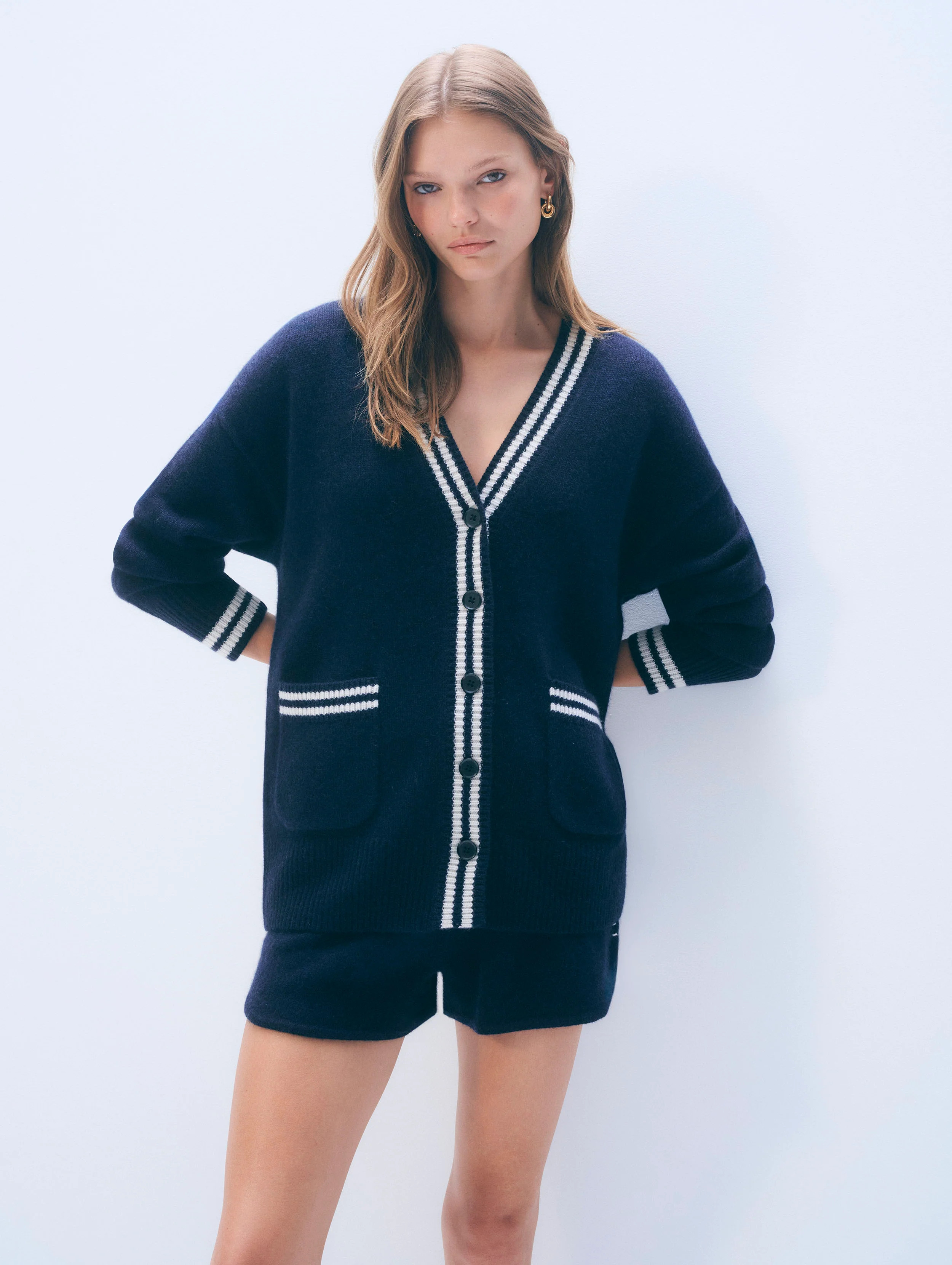 Cashmere Varsity Cardigan | Deep Navy/Soft White | White and Warren