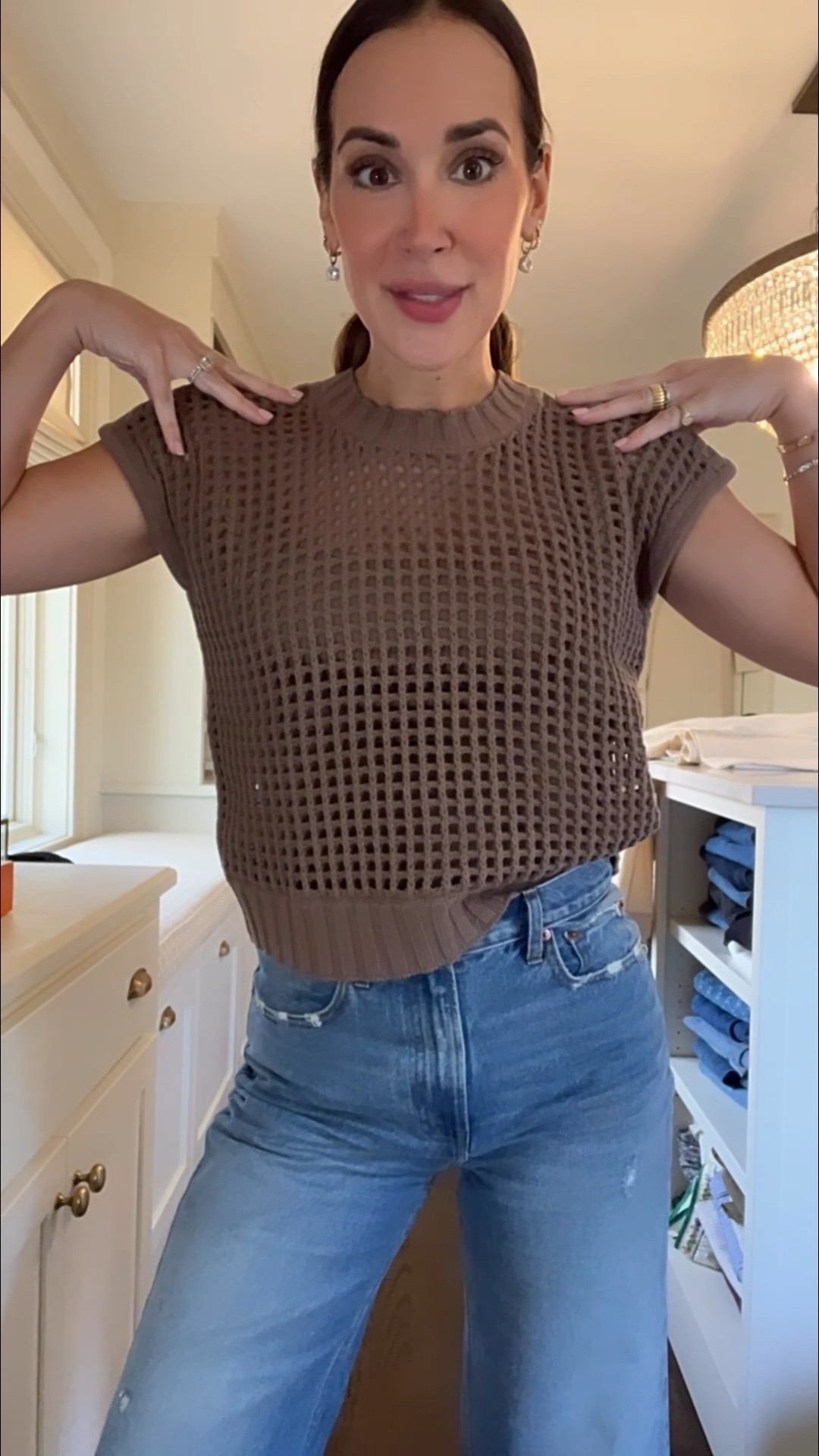 Mocha brown knit top and high waist wide leg jeans