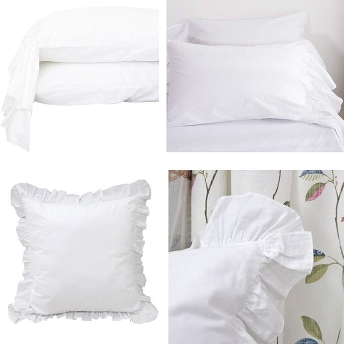 Queen's House White Euro Shams Set of 2 and Long Ruffles Pillow Shams Queen Size Bundle | Amazon (US)
