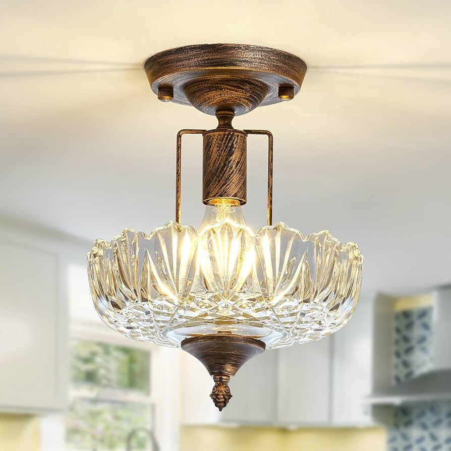UOFUS Glass Ceiling Light Fixture Vintage Small Semi Flush Mount Chandelier Oil Rubbed Bronze Min... | Amazon (US)