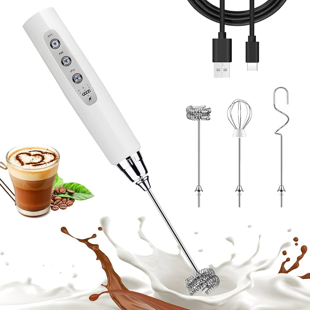 Nahida White Milk Frother Wand for Coffee, Frother Handheld Rechargeable Electric Whisk with 3 He... | Amazon (US)