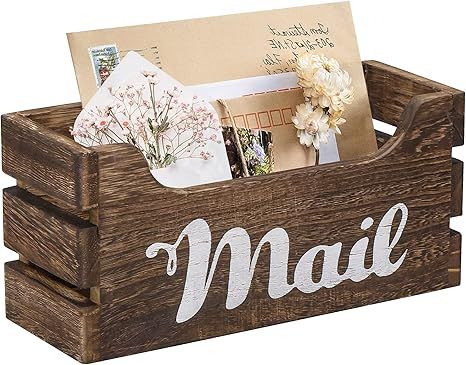 Irhisaby Farmhouse Decor Rustic Mail Holder Box, Rustic Wood Tabletop Mail Organizer with Hanging... | Amazon (US)