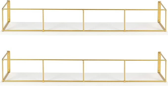 Kate and Laurel Benbrook 24 inch 2-Pack Wood and Metal Floating Wall Shelves, White and Gold | Amazon (US)