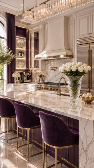 Violet Luxury Kitchen | Collection 13

A bright, polished kitchen designed around statement products rather than excess decoration. Rich violet seating adds depth against marble surfaces, clear crystal, brass finishes, and crisp Parisian-inspired architecture.

Shop the hero pieces:

1. Statement crystal chandelier
2. Professional stainless-steel range
3. Architectural range hood
4. Built-in refrigerator
5. Luxury espresso and coffee station
6. Brass kitchen faucet
7. Violet velvet counter stools
8. Clear crystal floral vase
9. Long-stem faux white roses
10. Marble kitchen and serving accessories