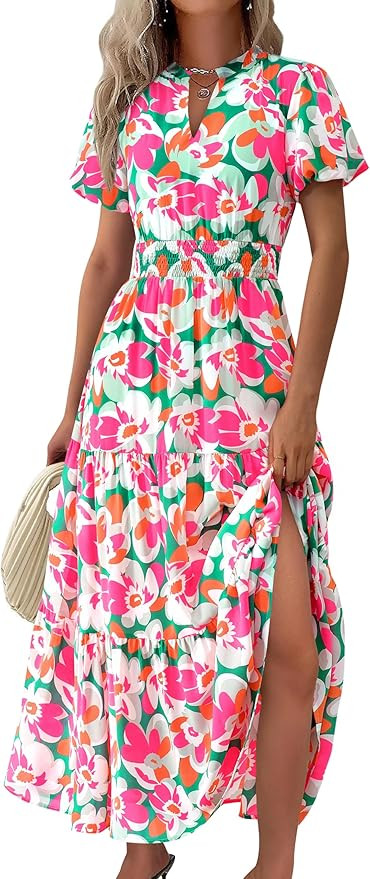 MASCOMODA Summer Maxi Dresses for Women 2025 Casual V Neck Puff Short Sleeve Smocked Flowy Beach ... | Amazon (US)