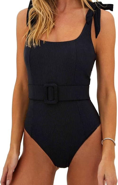 Women' s One Piece Swimsuit Square Neck Belted Bikini Ribbed Tie Shoulder Bathing Suit Tummy Cont... | Amazon (US)