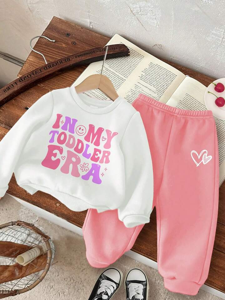 SHEIN Toddler Girls "In My Toddler Era" Heart Print Soft Hoodie & Pants 2-Piece Outfit, Suitable ... | SHEIN