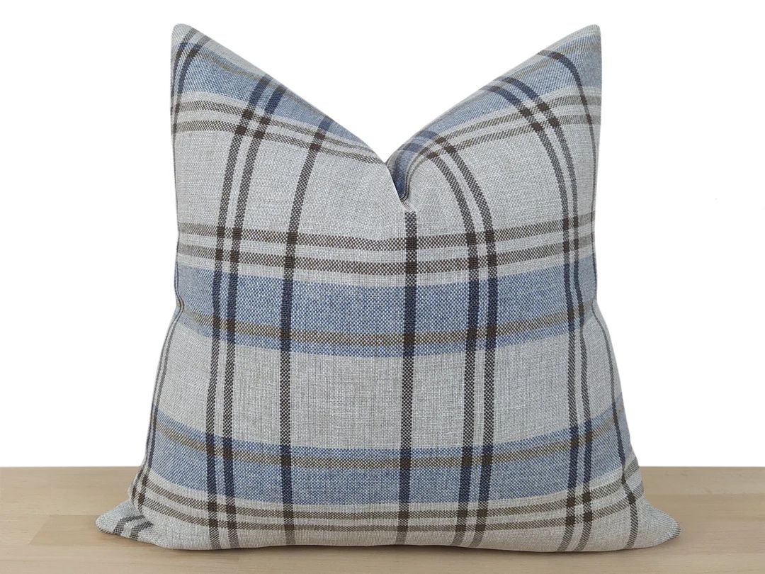 Gray Plaid Pillow Cover Blue Gray Linen Plaid Pillow Cover - Etsy | Etsy (US)