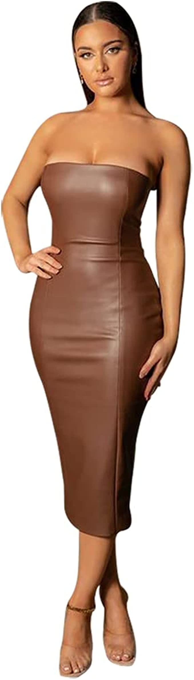 XLLAIS Women Strapless Tube Top Midi Dress Off Shoulder Bodycon Sexy Party Faux Leather Dress | Amazon (US)