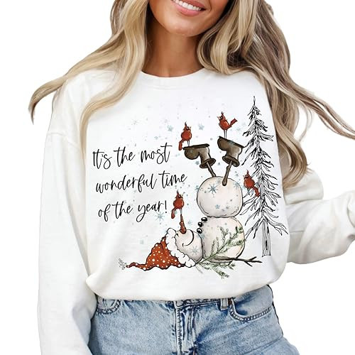 Christmas Sweatshirts for Women, Cute Christmas Crewneck Sweatshirt, Snowman, Retro Santa & Christmas Tree Sweatshirt for Women (Snow) | Amazon (US)