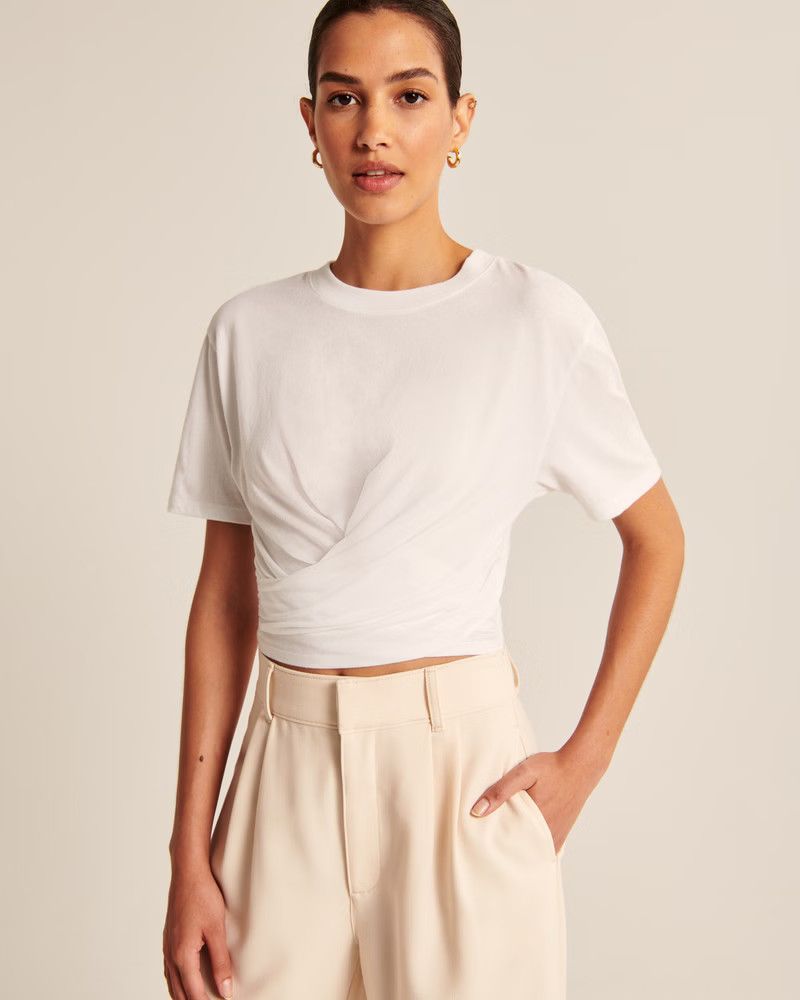 Short-Sleeve Cropped Wrap Tee White Tee White Top Tops Summer Top Outfits Affordable Fashion | Abercrombie & Fitch (US)