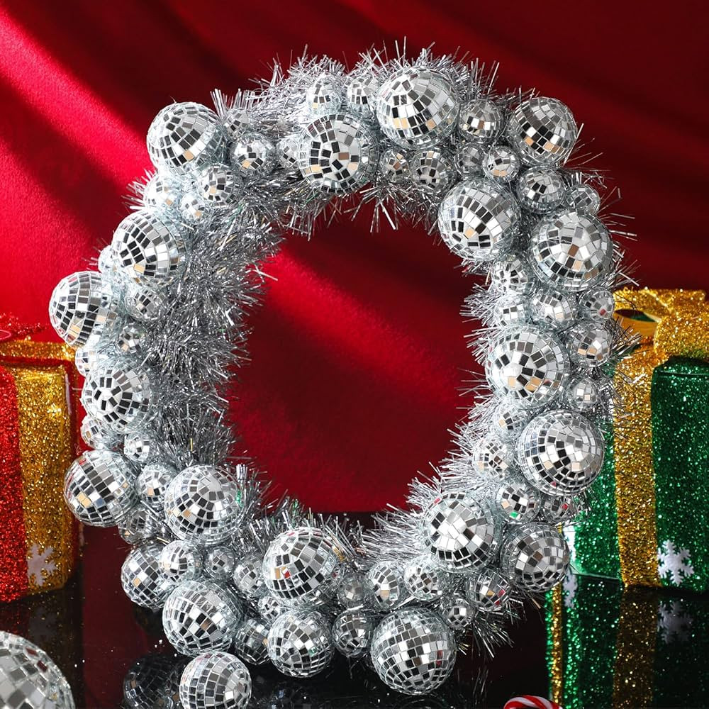 14 Inch Mirror Disco Balls Wreath Disco Ornament Garland Decoration Silver Glitter Decorative Han... | Amazon (US)