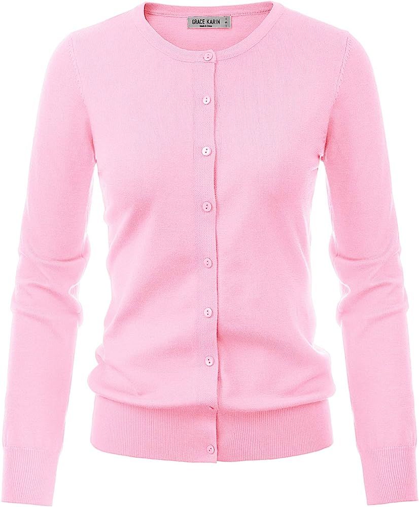 GRACE KARIN Women's Long Sleeve Button Down Crew Neck Classic Sweater Knit Cardigan | Amazon (US)