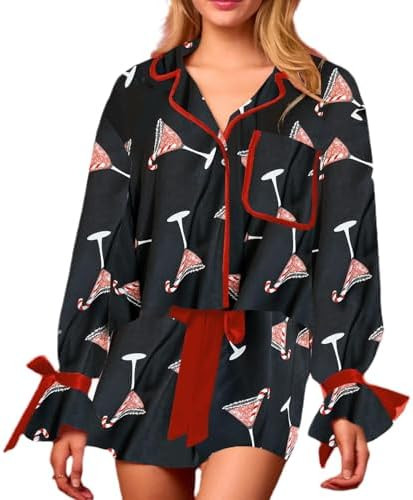 Luckinbaby Women Christmas Silk Pajamas Xmas 2 Piece Bow Tie Loungewear Long Sleeve Button Down B... | Amazon (US)