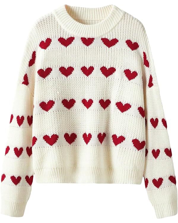 Verdusa Women's Heart Print Long Sleeve Round Neck Sweater Drop Shoulder Knit Pullovers | Amazon (US)