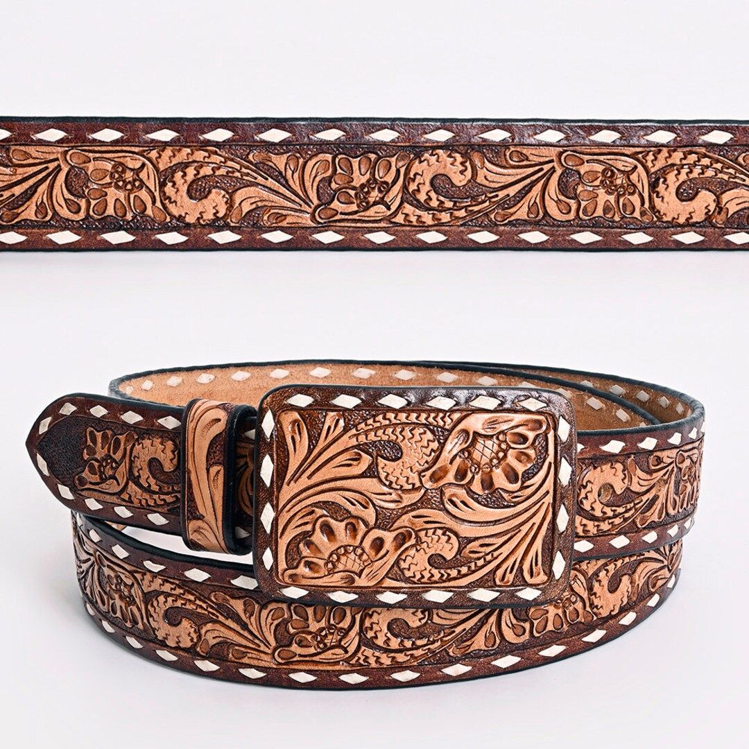 Beautiful Hand Crafted Western Style Genuine Leather Men&women Belt With Floral Leather Covered B... | Etsy (US)