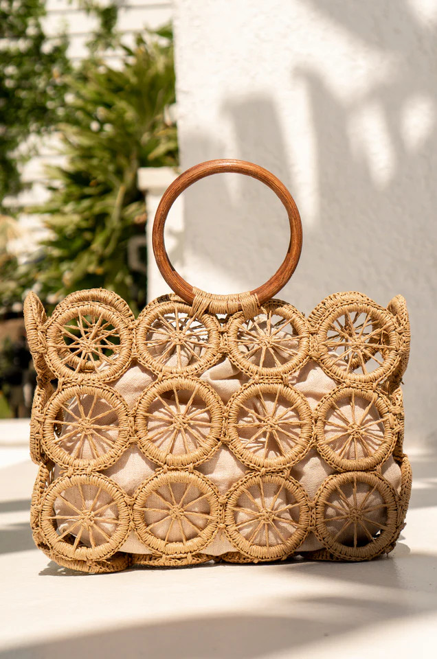 Miss Lola | St. Barts Getaway Tan Top Handle Wicker Bag | MISS LOLA