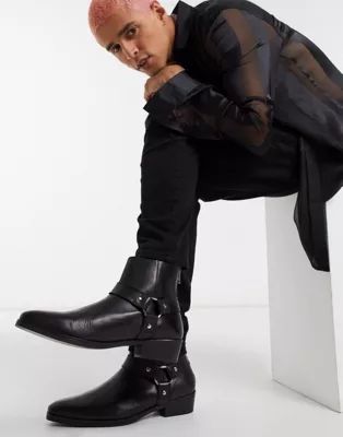 ASOS DESIGN cuban heel western chelsea boots in black leather with buckle detail | ASOS (Global)