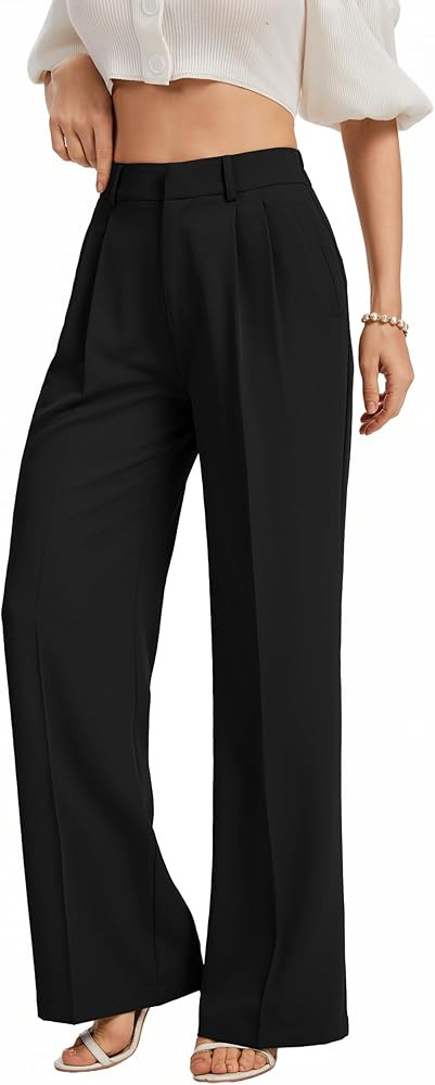 FUNYYZO Pantalones de pierna ancha para mujer, cintura elástica, pantalones de trabajo de negoci... | Amazon (US)