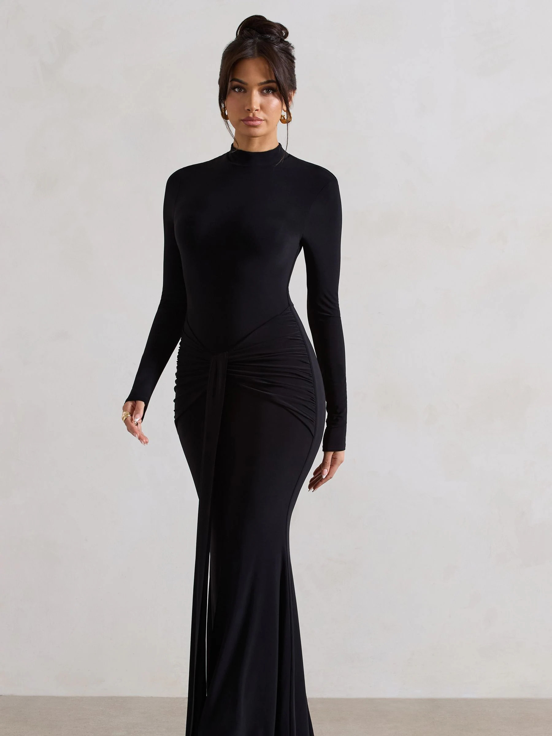 Club L London Club L London Black Pietra High Neck Long Sleeve Knot Maxi Dress | Next US