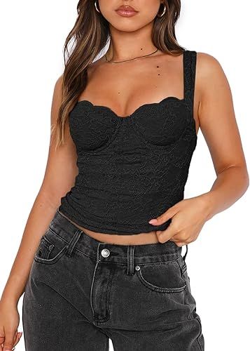 REORIA Women's Summer Sexy Square Neck Sleeveless Going Out Lace Bustier Tank Crop Tops | Amazon (US)