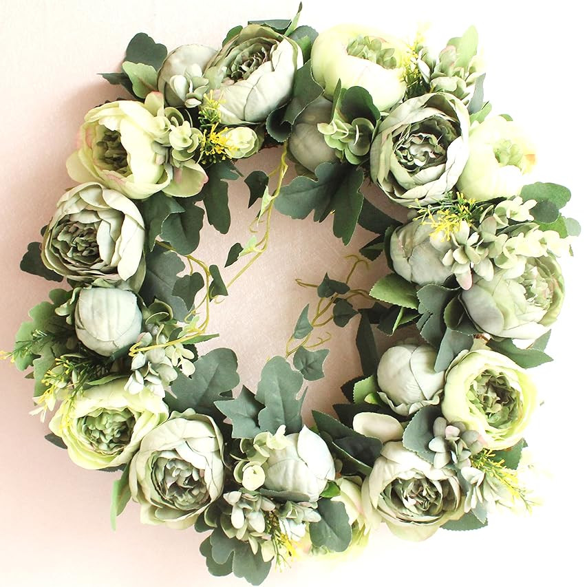 Dseap Wreath - Peony Flower Wreath, Floral Wreath, Door Wreaths for Front Door, 17-Inches, Green | Amazon (US)