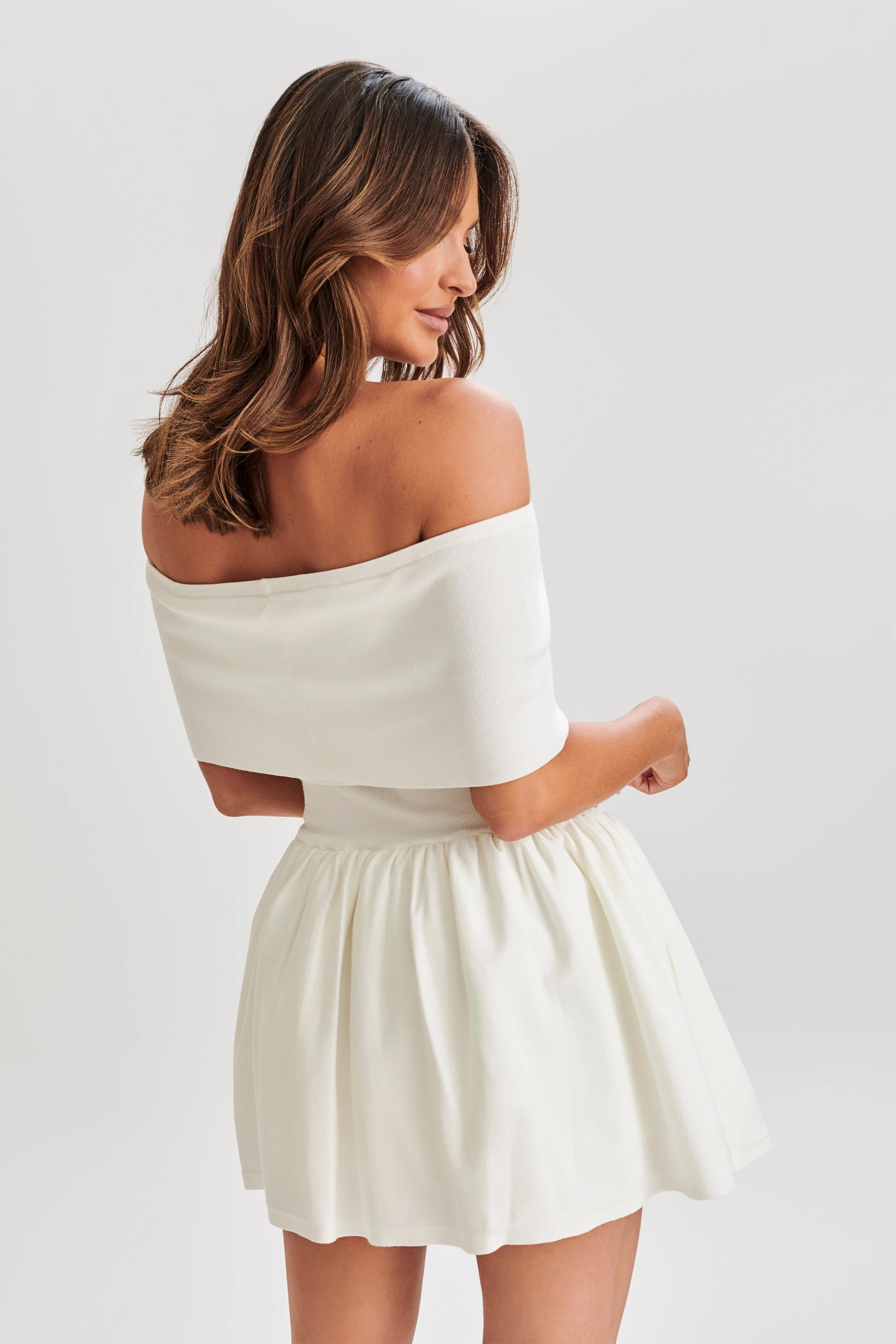 Lydia Off Shoulder Knit Mini Dress - White | MESHKI US