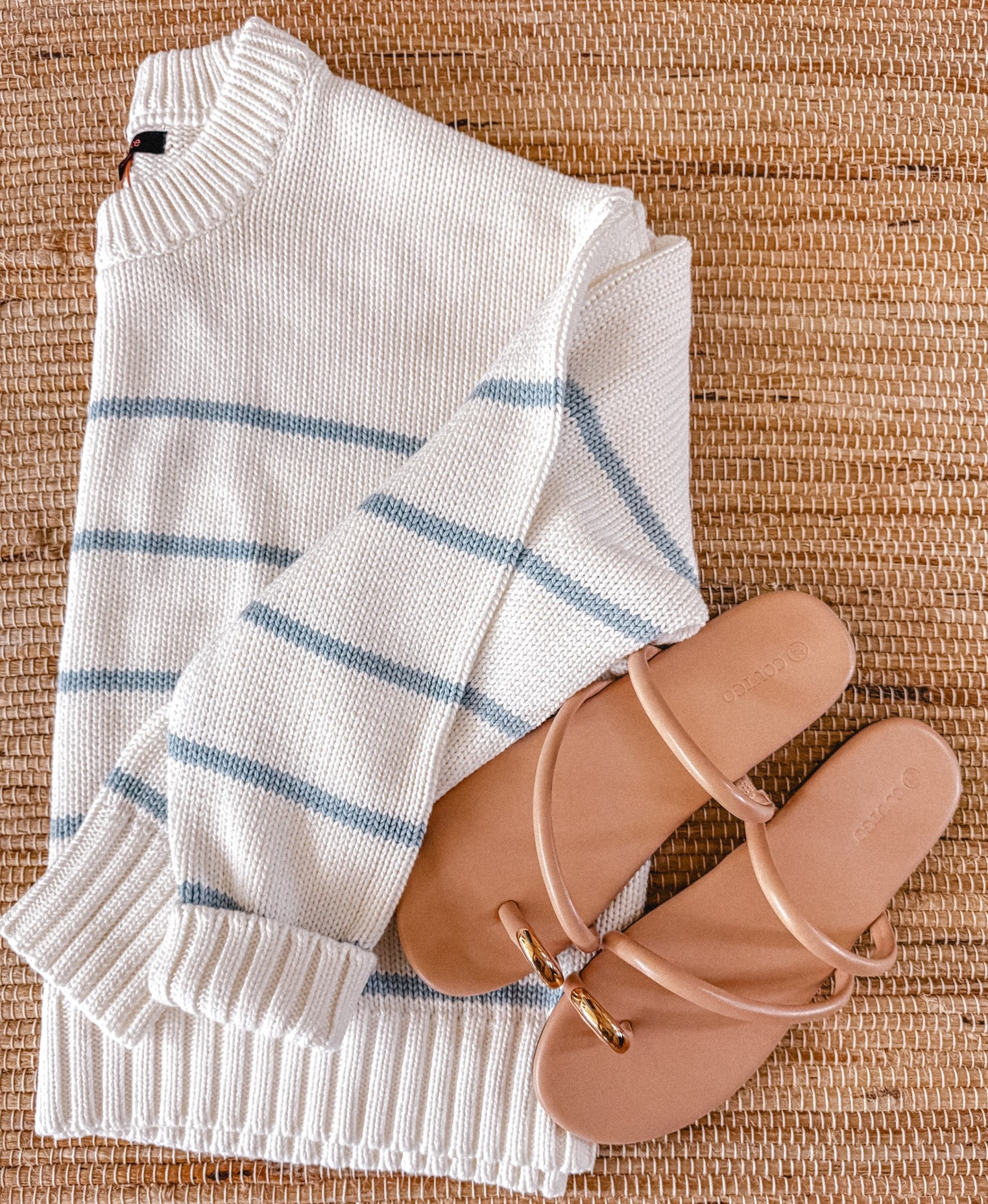 spring & summer ready with this pretty light blue & white striped sweater & nude toe ring slides - so comfy & only $35. 
