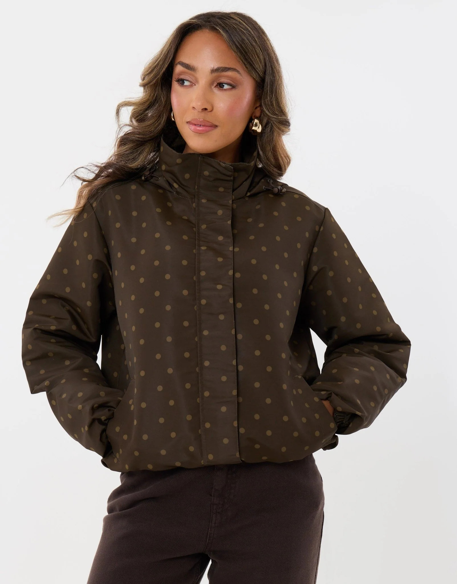 Showerproof Funnel Neck Rain Mac in Brown Polka Dot | Threadbare UK