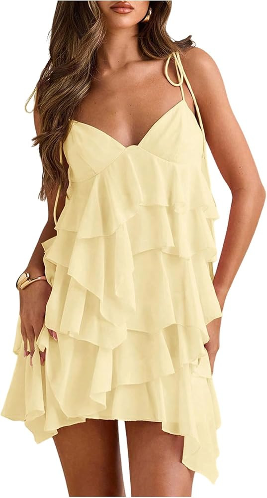 OYOANGLE Women's Wedding Guest Dress Summer Ruffle Y2K Cute Short Sun Dress | Amazon (US)