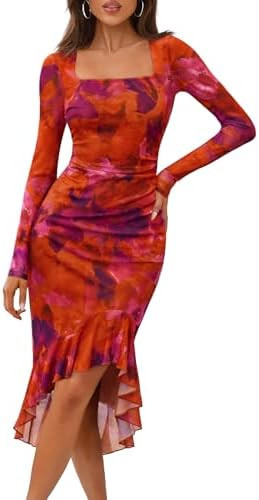 MEROKEETY Women's Long Sleeve Fall Wedding Guest Dress Elegant Classy Bodycon Square Neck Mesh Co... | Amazon (US)