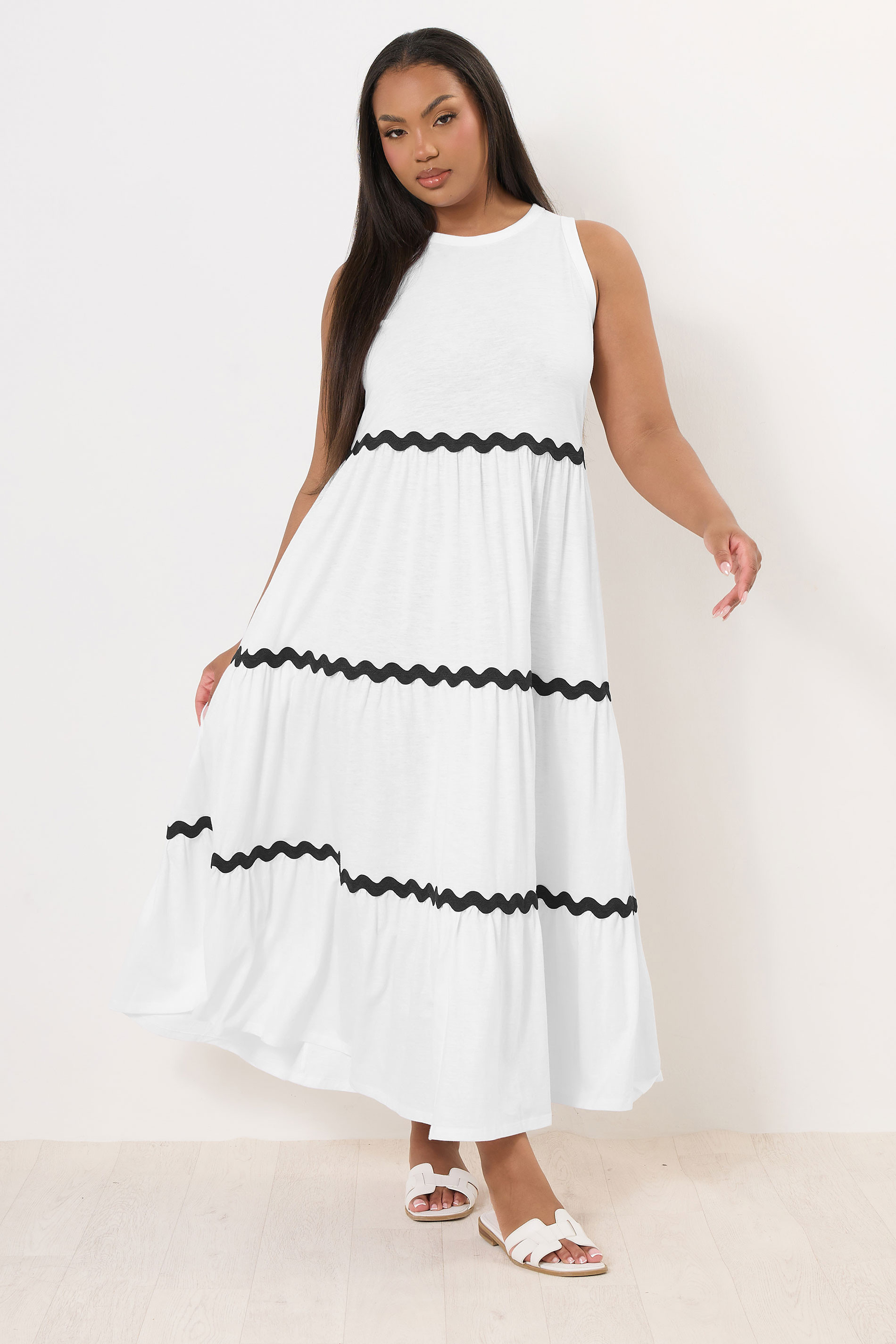 YOURS Plus Size White Contrast Swirl Tiered Maxi Dress | Yours Clothing UK